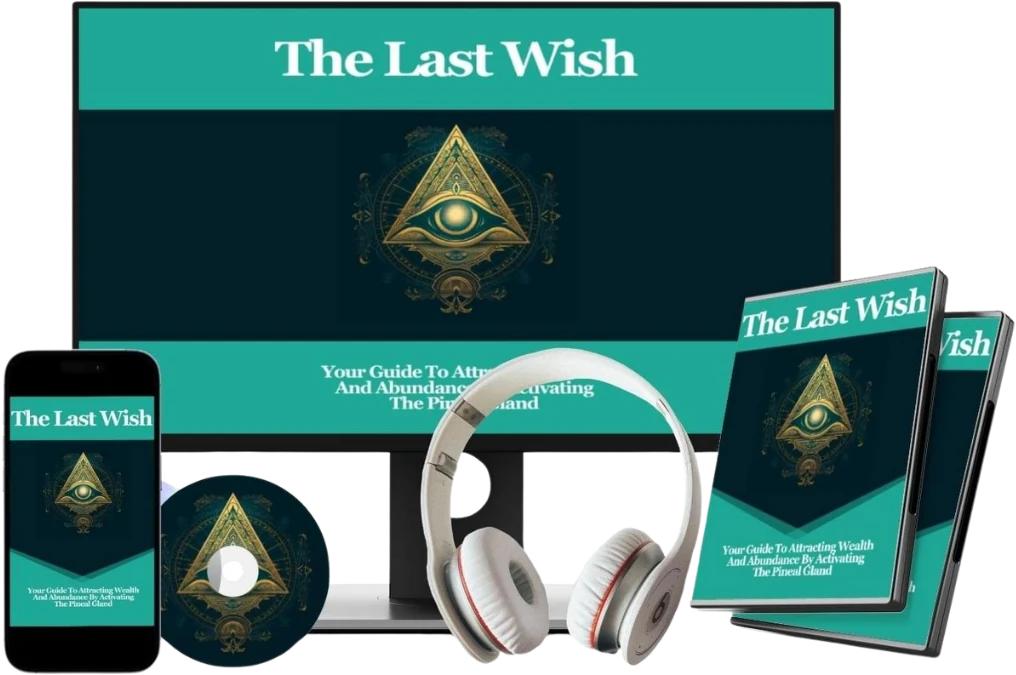 The Last Wish product mockup supplied by the seller, showing a monitor, phone, headphones, a disc and two cases